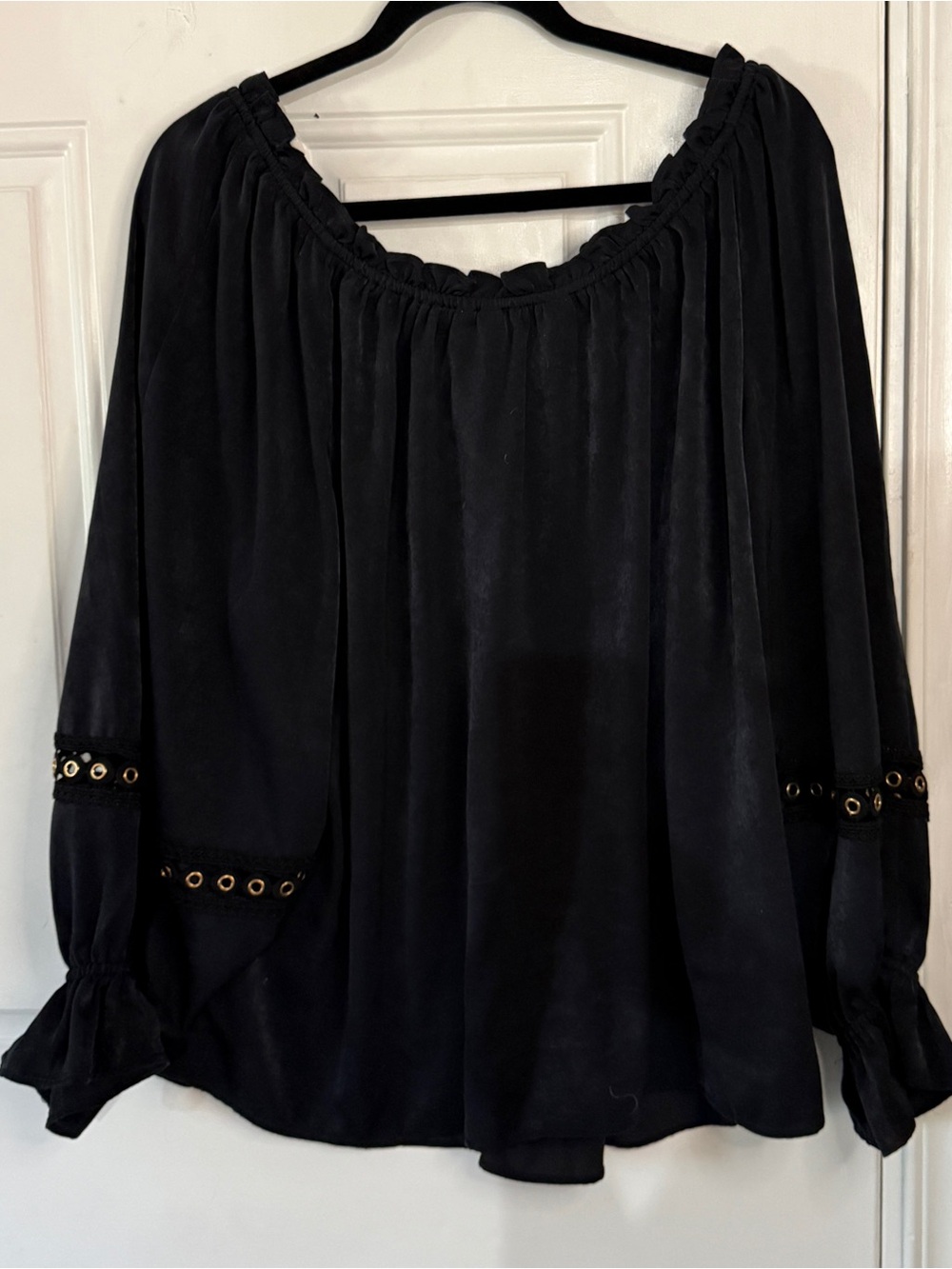 Black Off-Shoulder Peasant Blouse with gold gromets on the sleeve